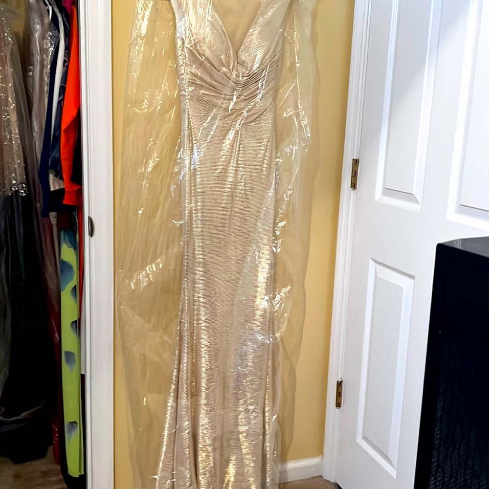 Jovani White and Gold high slit gown